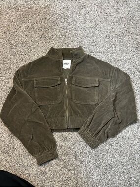 aerie Olive Corduroy Cropped Utility Jacket